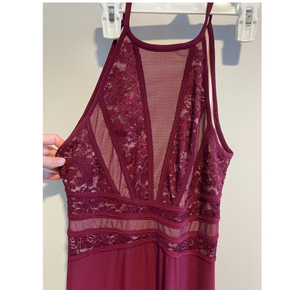 Morgan & Co. Burgundy Maxi dress with lace bodice
